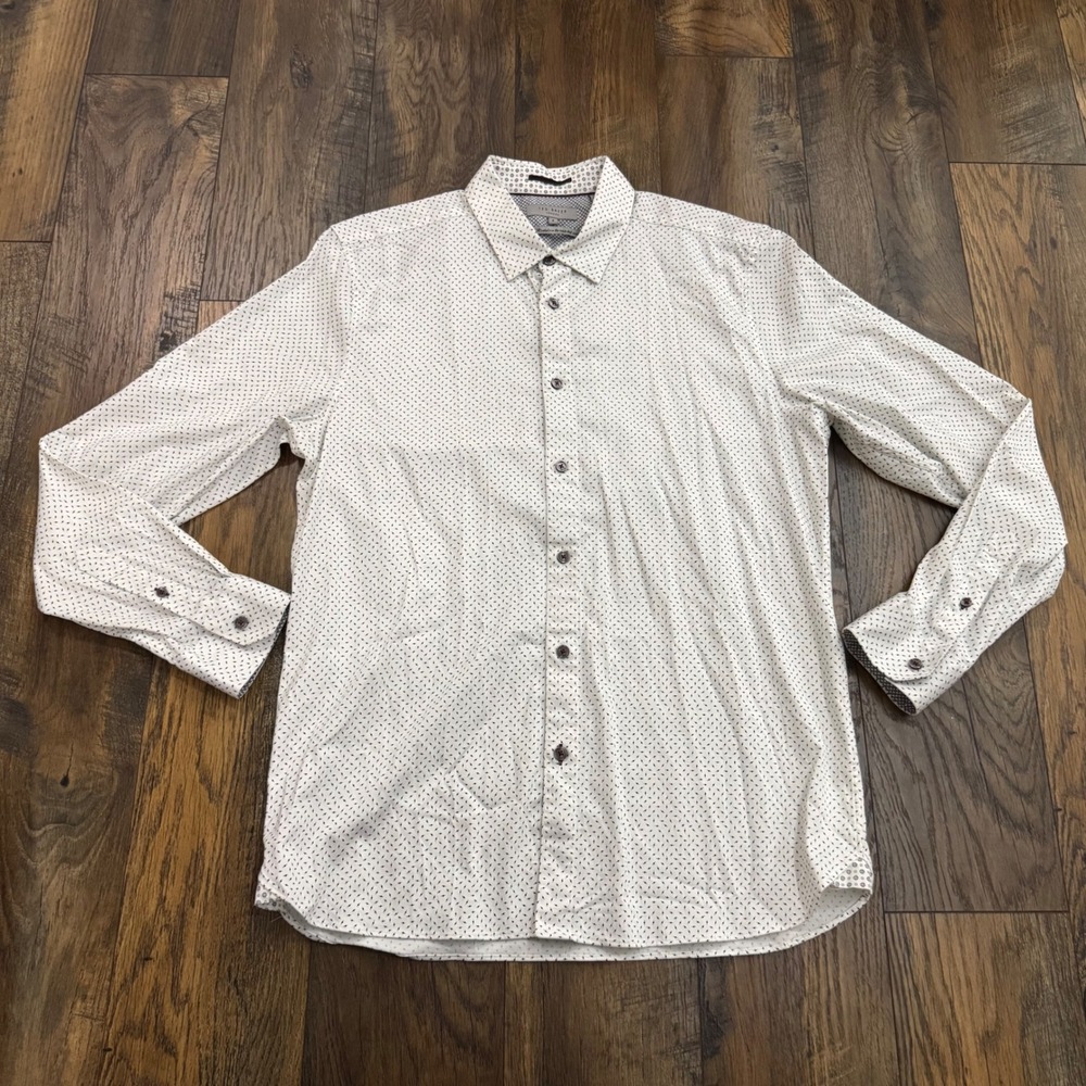 Ted Baker London Mens White Navy Micro Print Button Down Shirt Size 5 XL